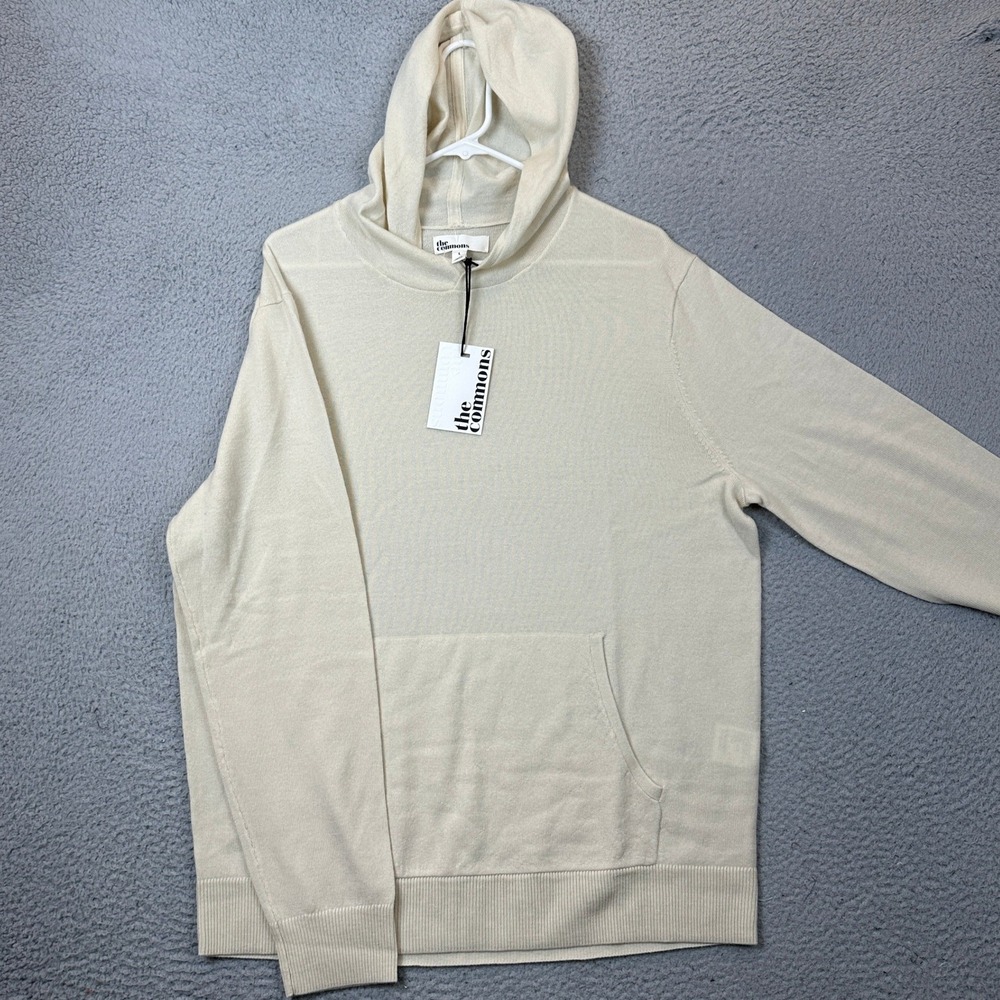 NEW The Commons Hoodie Mens Large Tan Cream Merino Wool Knit Pullover Sweater